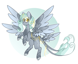 Size: 3067x2552 | Tagged: safe, artist:crazysketch101, oc, oc only, oc:nuvola, pony, circle background, high res, leonine tail, multiple tails, multiple wings, simple background, solo, tail, two tails, white background, wings