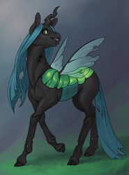 Size: 1766x2390 | Tagged: source needed, safe, artist:oops, queen chrysalis, changeling, changeling queen, g4, digital art, fangs, female, grass, hooves, horn, lips, realistic anatomy, solo, wings