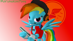 Size: 1920x1080 | Tagged: safe, artist:marianokun, rainbow dash, bat, pegasus, pony, g4, 3d, evil smile, grin, looking at you, rainbow scout, red background, scout (tf2), simple background, smiling, source filmmaker, spread wings, team fortress 2, watermark, wings
