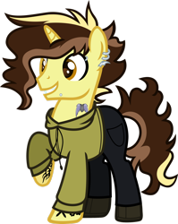 Size: 1920x2409 | Tagged: safe, artist:n0kkun, oc, oc only, oc:trail blazer (ice1517), pony, unicorn, boots, clothes, ear piercing, earring, eyebrows, grin, hoodie, jeans, jewelry, lip piercing, male, multicolored hair, pants, piercing, raised hoof, shoes, simple background, smiling, solo, stallion, tattoo, transparent background