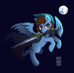 Size: 1920x1900 | Tagged: safe, artist:folieatrois, oc, oc only, oc:pegasusgamer, pegasus, pony, angry, cloak, clothes, flying, glowing, moon, simple background, sword, weapon, wings