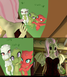 Size: 3840x4400 | Tagged: safe, artist:frickitclaw, fluttershy, bat pony, kobold, anthro, g4, 3d, bat ponified, begging, clothes, corset, flutterbat, fluttershy's cottage, image set, orphans, race swap, this will not end well