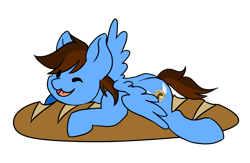 Size: 2367x1542 | Tagged: safe, artist:noxiedraws, oc, oc only, oc:pegasusgamer, pegasus, pony, bread, chibi, cute, food, happy, lying down, one eye closed, simple background, solo, transparent background, wings