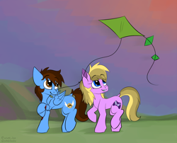 Size: 3000x2421 | Tagged: safe, artist:cottonsweets, artist:luxsimx, oc, oc only, oc:amber bright, oc:pegasusgamer, earth pony, pegasus, pony, field, high res, kite, looking up, outdoors, simple background, sky, walking