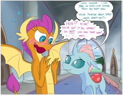 Size: 3300x2550 | Tagged: safe, artist:loreto-arts, ocellus, smolder, changedling, changeling, dragon, g4, blatant lies, blushing, blushing profusely, commission, denial, dialogue, embarrassed, high res, implied spike, implied spolder, looking at each other, open mouth, shipper on deck, smoldere, speech bubble, that changeling sure does love love, tsundere