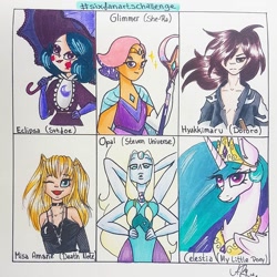 Size: 1080x1080 | Tagged: safe, artist:galaxy.in.mind, princess celestia, alicorn, gem (race), human, pony, g4, amethyst, blush sticker, blushing, bust, choker, clothes, crossover, death note, dororo, eclipsa butterfly, etherian, female, fusion, gem, gem fusion, gloves, jewelry, long gloves, male, mare, misa amane, multiple arms, multiple limbs, one eye closed, opal (steven universe), pearl, peytral, quartz, six fanarts, smiling, spoilers for another series, staff, star vs the forces of evil, steven universe, steven universe: the movie, tiara, traditional art, umbrella, wink