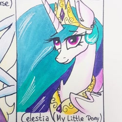 Size: 1080x1080 | Tagged: safe, alternate version, artist:galaxy.in.mind, princess celestia, alicorn, pony, g4, bust, cropped, female, jewelry, mare, offscreen character, peytral, smiling, tiara, traditional art
