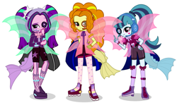 Size: 1539x900 | Tagged: safe, artist:starflashing twinkle, adagio dazzle, aria blaze, sonata dusk, equestria girls, g4, disguise, disguised siren, fin wings, fish tail, headset, looking at you, monocle, simple background, the dazzlings, white background, wings