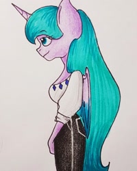 Size: 817x1022 | Tagged: safe, artist:galaxy.in.mind, oc, oc only, unicorn, anthro, clothes, female, horn, pants, solo, traditional art, unicorn oc