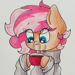 Size: 1080x1080 | Tagged: safe, artist:galaxy.in.mind, oc, oc only, earth pony, pony, bust, chocolate, clothes, earth pony oc, eyelashes, female, food, hoof hold, hot chocolate, mug, solo, traditional art