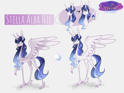 Size: 2833x2116 | Tagged: safe, artist:iheyyasyfox, oc, oc only, oc:stella alba nyx, alicorn, pony, alicorn oc, female, high res, horn, mare, offspring, parent:flash sentry, parent:twilight sparkle, parents:flashlight, reference sheet, slender, solo, thin, thin legs, wings