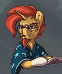 Size: 900x1070 | Tagged: safe, artist:t72b, sunburst, pony, unicorn, g4, book, bust, clint eastwood, clothes, facial hair, frown, glasses, goatee, hoof hold, male, mouth hold, parody, pencil, poncho, reaction image, solo, sunburst is not amused, unamused