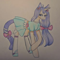 Size: 1080x1080 | Tagged: safe, artist:_quantumness_, oc, oc only, pony, unicorn, bow, clothes, dress, hair bow, hoof shoes, horn, raised hoof, socks, tail bow, traditional art, unicorn oc