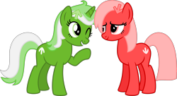 Size: 9222x5000 | Tagged: safe, artist:melisareb, derpibooru exclusive, oc, oc only, oc:downvote, oc:upvote, earth pony, pony, unicorn, 2021 community collab, derpibooru, derpibooru community collaboration, absurd resolution, cute, derpibooru ponified, duo, female, lidded eyes, looking at each other, mare, meta, ocbetes, one eye closed, ponified, siblings, simple background, sisters, smiling, transparent background, vector, wink