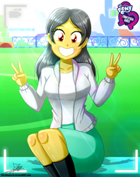 Size: 920x1160 | Tagged: safe, artist:the-butch-x, oc, oc only, oc:dany melody, human, equestria girls, g4, blazer, butch's hello, clothes, cute, double peace sign, dress, equestria girls logo, equestria girls-ified, female, grin, kneesocks, looking at you, peace sign, recording, signature, sitting, smiling, socks, solo