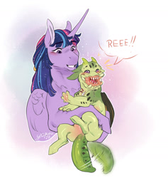 Size: 1746x1842 | Tagged: safe, artist:yozora122, twilight sparkle, oc, oc:hercules, alicorn, dragonling, hybrid, pony, g4, aunt and nephew, female, holding, interspecies offspring, magical gay spawn, mandibles, mare, offspring, open mouth, parent:spike, parent:thorax, parents:thoraxspike, reeee, tail wag, twilight sparkle (alicorn)