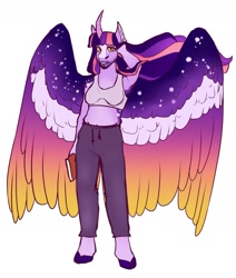 Size: 1280x1509 | Tagged: safe, artist:minsona, twilight sparkle, alicorn, anthro, unguligrade anthro, arm behind back, armpits, beard, book, breasts, busty twilight sparkle, clothes, colored wings, curved horn, ethereal wings, facial hair, female, flowing mane, gradient wings, horn, mare, pants, simple background, solo, sports bra, sweatpants, twilight sparkle (alicorn), white background, wings