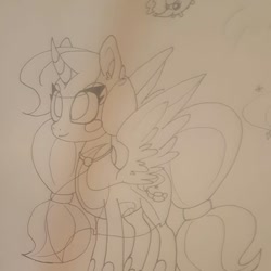 Size: 648x648 | Tagged: safe, artist:katkatdesign, oc, oc only, alicorn, pony, alicorn oc, female, hoof shoes, horn, lineart, mare, smiling, solo, traditional art, wings