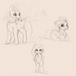 Size: 4000x4000 | Tagged: safe, artist:miokomata, fluttershy, butterfly, pegasus, pony, semi-anthro, g4, arm hooves, bipedal, crossed hooves, excited, female, freckles, freckleshy, looking at you, lying down, mare, monochrome, prone, simple background, sketch, sketch dump, solo, windswept mane