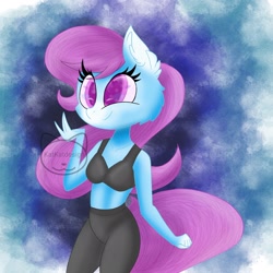 Size: 1950x1950 | Tagged: safe, artist:katkatdesign, oc, oc only, earth pony, anthro, abstract background, bra, breasts, clothes, ear fluff, earth pony oc, eyelashes, female, pants, smiling, solo, underwear