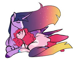 Size: 1280x1022 | Tagged: safe, artist:minsona, pinkie pie, twilight sparkle, alicorn, earth pony, pony, g4, blaze (coat marking), coat markings, colored hooves, cuddling, ethereal mane, eyes closed, facial markings, female, gradient mane, lesbian, lying down, mare, prone, ship:twinkie, shipping, simple background, starry mane, transparent background, twilight sparkle (alicorn), ultimate twilight