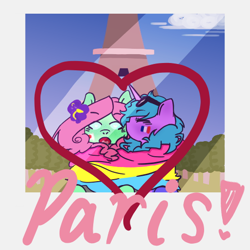 Size: 512x512 | Tagged: safe, artist:crushed.summers.art, oc, oc only, pony, unicorn, :o, blushing, clothes, cloud, eiffel tower, flower, flower in hair, gay, gay pride flag, horn, male, oc x oc, open mouth, outdoors, paris, photo, pride, pride flag, scarf, shared clothing, shared scarf, shipping, stallion, unicorn oc
