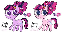 Size: 2071x1080 | Tagged: safe, artist:cailene, pinkie pie, twilight sparkle, oc, oc only, oc:study party, pony, g4, female, lesbian, magical lesbian spawn, next generation, offspring, parent:pinkie pie, parent:twilight sparkle, parents:twinkie, pencil behind ear, ship:twinkie, shipping, simple background, solo, white background