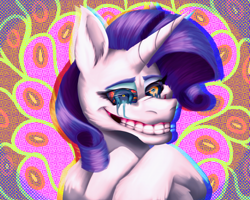 Size: 2000x1600 | Tagged: safe, artist:lordofthefeathers, rarity, pony, g4, creepy, creepy grin, crying, female, grin, nightmare fuel, smiling, solo, surreal