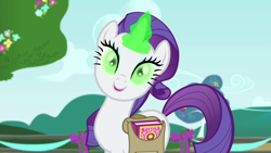 Size: 1280x720 | Tagged: safe, screencap, rarity, pony, unicorn, g4, inspiration manifestation, aura, female, green eyes, green magic, inspirarity, inspiration manifestation book, magic, magic aura, mare, possessed, solo, telekinesis