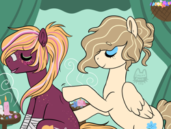 Size: 1024x768 | Tagged: safe, artist:itsjustquince, oc, oc:floral aroma, oc:sucker punch, earth pony, pegasus, pony, candle, eyes closed, female, male, mare, massage, offspring, parent:big macintosh, parent:bulk biceps, parent:cheerilee, parent:fluttershy, parents:cheerimac, parents:flutterbulk, stallion, tongue out