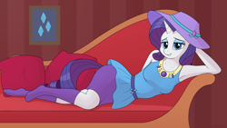 Size: 5000x2813 | Tagged: safe, artist:irisarco, rarity, unicorn, anthro, plantigrade anthro, equestria girls, g4, bedroom eyes, breasts, clothes, couch, cutie mark, draw me like one of your french girls, dress, equestria girls outfit, eyeshadow, hat, jewelry, lidded eyes, looking at you, lying, makeup, necklace, pillow, poster, rarity peplum dress, seductive pose, skirt, socks, wallpaper