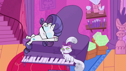 Size: 1920x1080 | Tagged: safe, screencap, opalescence, rarity, cat, pony, unicorn, g4, g4.5, my little pony: pony life, the 5 habits of highly effective ponies, eyes closed, female, lying down, mare, musical instrument, on back, piano