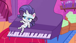Size: 1920x1080 | Tagged: safe, screencap, rarity, pony, unicorn, g4.5, my little pony: pony life, the 5 habits of highly effective ponies, crossed hooves, female, lidded eyes, mare, musical instrument, piano, sitting, smug
