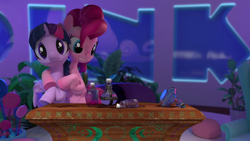 Size: 1920x1080 | Tagged: safe, screencap, pinkie pie, twilight sparkle, alicorn, earth pony, pony, g4, hello pinkie pie, 3d, bipedal, bottle, confused, hooves around shoulder, hug, looking at something, looking at you, potion, studio, table, twilight sparkle (alicorn), twilight sparkle's potion challenge