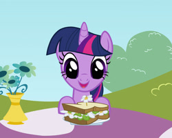 Size: 2000x1600 | Tagged: safe, artist:ursamanner, twilight sparkle, pony, unicorn, g4, the ticket master, bush, cute, daffodil and daisy sandwich, female, flower, food, happy, herbivore, plate, sandwich, show accurate, smiling, solo, table, unicorn twilight, vase