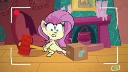 Size: 1920x1080 | Tagged: safe, screencap, fluttershy, pegasus, pony, g4.5, my little pony: pony life, unboxing day, bipedal, female, hammer, mare