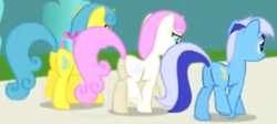 Size: 2694x1211 | Tagged: safe, screencap, lemon hearts, minuette, twinkleshine, pony, unicorn, friendship is magic, g4, blurry, butt, cropped, eyes closed, female, mare, needs more jpeg, op i can't see shit, plot, present, trio, upscaled