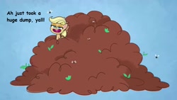 Size: 1280x720 | Tagged: safe, edit, screencap, applejack, earth pony, fly, insect, pony, g4.5, my little pony: pony life, the 5 habits of highly effective ponies, female, implied poop, mare, not what it looks like, text edit, toilet humor