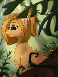 Size: 3096x4128 | Tagged: safe, artist:bellfa, oc, oc only, oc:mistydrifter, earth pony, pony, background pony, female, glare, glasses, hair, jungle, jungle girl, leaves, original art, outdoors, ponytail, purple eyes, redhead, solo, sunglasses, tail