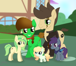 Size: 2028x1761 | Tagged: safe, artist:dyonys, oc, oc:darkness chaser, oc:happy daisy, oc:lucky brush, oc:night chaser, oc:shining leaf, bat pony, earth pony, pony, unicorn, accessory, adopted offspring, braid, choker, clothes, colt, family, family photo, female, filly, husband and wife, jacket, luckychaser, male, mare, ponyville, scar, scarf, stallion