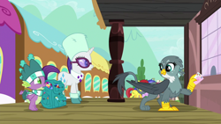 Size: 1280x720 | Tagged: safe, screencap, gabby, golden glory, rarity, sea wind, spike, dragon, griffon, pegasus, pony, unicorn, dragon dropped, g4, background pony, backpack, boots, clothes, female, gem, glasses, hat, letter, mare, not seafoam, scarf, shoes, toque, train, train car, train station, winged spike, wings, winter clothes, winter hat