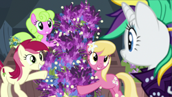 Size: 1280x720 | Tagged: safe, screencap, daisy, flower wishes, lily, lily valley, rarity, roseluck, earth pony, pony, unicorn, g4, it isn't the mane thing about you, alternate hairstyle, cute, female, flower trio, lavender, mare, punk, raripunk