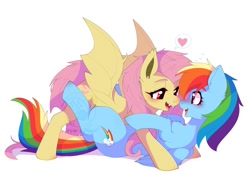Size: 1144x800 | Tagged: safe, artist:snow angel, fluttershy, rainbow dash, bat pony, pegasus, pony, g4, bat ponified, fangs, female, flutterbat, heart, lesbian, lying down, mare, obtrusive watermark, on back, pictogram, race swap, ship:flutterdash, shipping, simple background, watermark, white background