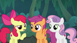 Size: 1920x1080 | Tagged: safe, screencap, apple bloom, scootaloo, sweetie belle, earth pony, pegasus, pony, unicorn, g4, the big mac question, apple bloom's bow, bow, cutie mark, cutie mark crusaders, female, filly, foal, hair bow, open mouth, raised hoof, spread wings, the cmc's cutie marks, wings