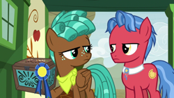 Size: 1920x1080 | Tagged: safe, screencap, biscuit, spur, earth pony, pegasus, pony, g4, growing up is hard to do, animation error, bandana, blue ribbon, box, cloud, ribbon