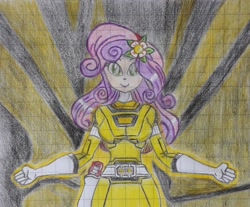 Size: 1024x846 | Tagged: safe, artist:nintencano, sweetie belle, equestria girls, g4, female, flower, flower in hair, gekisou sentai carranger, graph paper, morphing, older, older sweetie belle, power rangers, power rangers turbo, solo, traditional art, yellow racer, yellow ranger