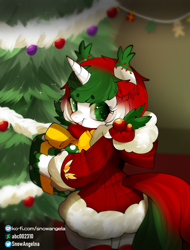 Size: 608x800 | Tagged: safe, artist:snow angel, oc, oc only, unicorn, anthro, christmas, christmas gift, christmas tree, clothes, costume, holiday, present, santa costume, solo, tree