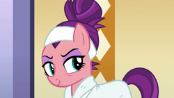 Size: 1280x720 | Tagged: safe, screencap, spoiled rich, earth pony, pony, applejack's "day" off, g4, alternate hairstyle, arrogant, bags under eyes, bathrobe, clothes, eyeshadow, female, gloating, hair bun, makeup, mare, robe, smiling, smirk, snobby, solo, spa