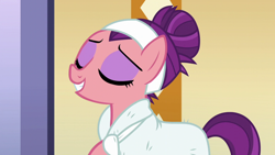 Size: 1280x720 | Tagged: safe, screencap, spoiled rich, earth pony, pony, applejack's "day" off, g4, bathrobe, clothes, female, gloating, robe, slippers, snobby, solo, spa