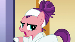 Size: 1280x720 | Tagged: safe, screencap, spoiled rich, earth pony, pony, applejack's "day" off, g4, bathrobe, clothes, female, robe, slippers, solo, spa